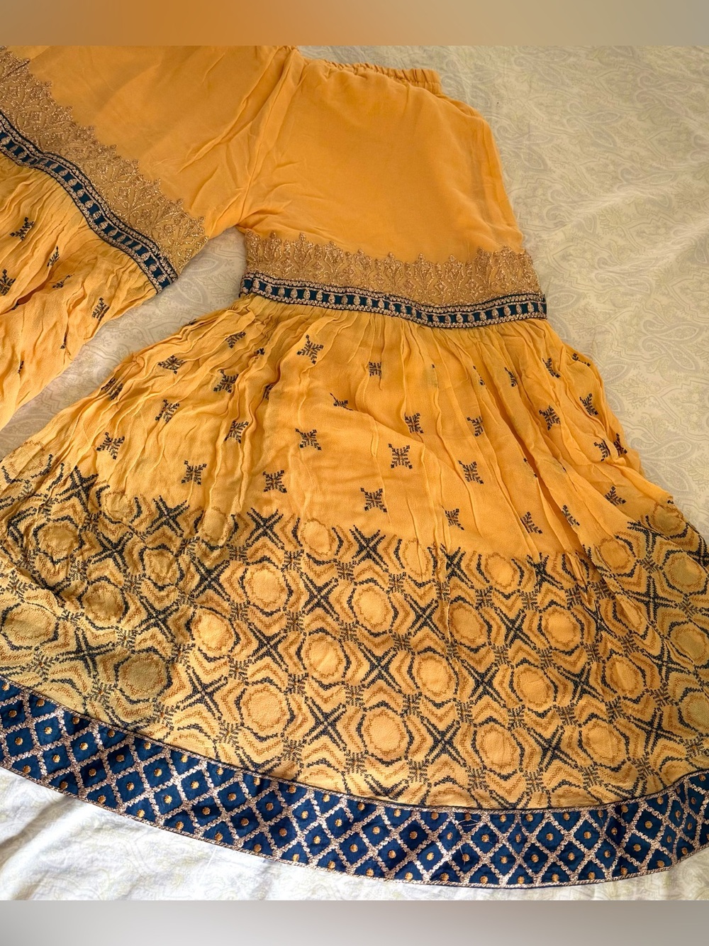 Elegant Navy & Mustard Women Kurta Bottoms Set - Picture 5 of 7